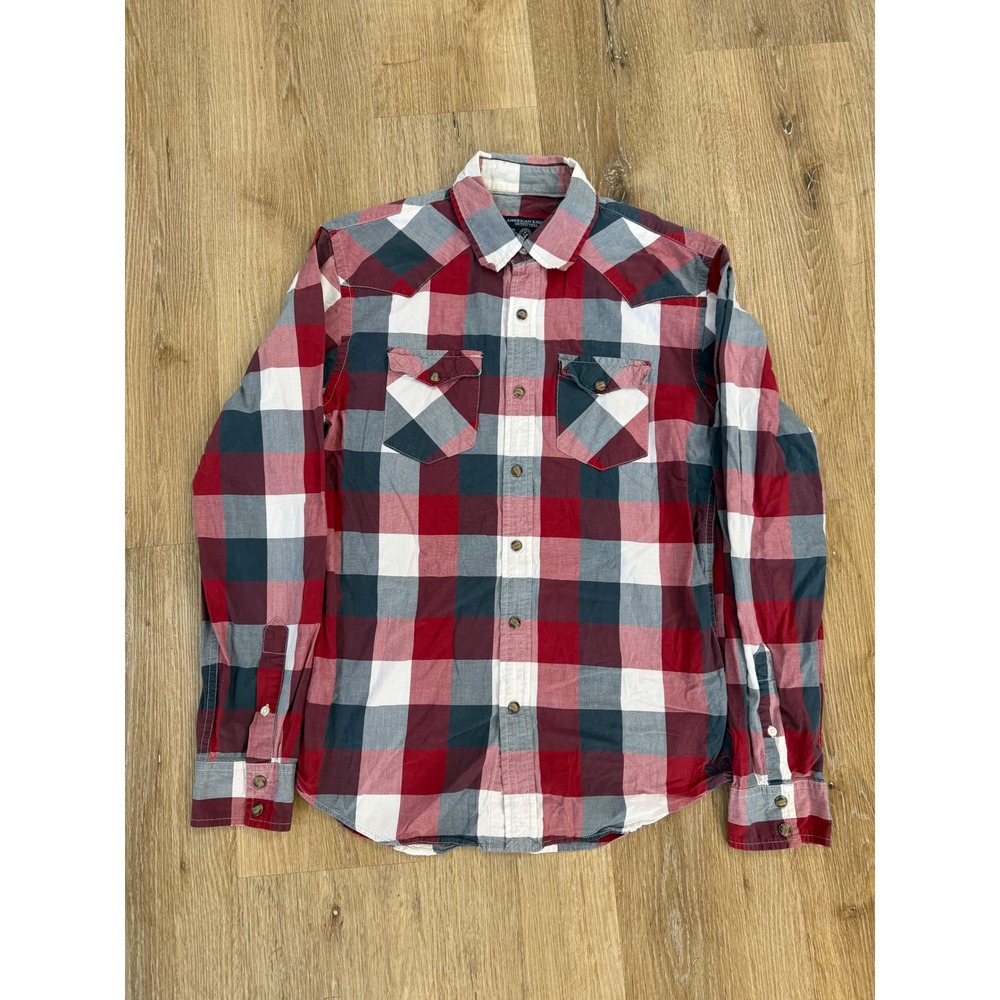 American Eagle Mens XS Vintage Fit Plaid Western Button Down Shirt Red Navy Blue